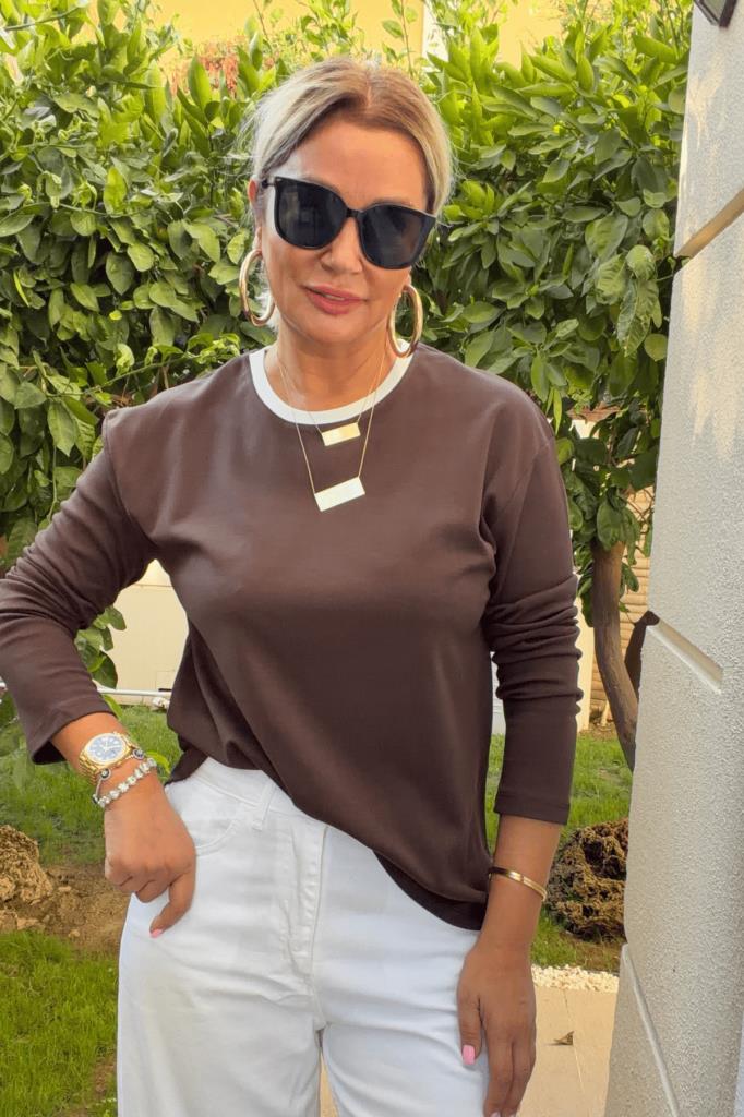 Ashley Biyeli İthal Modal Kumaş Basic Bluz Kahve