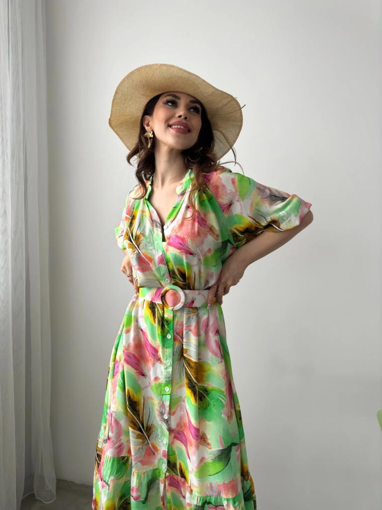 Bellua Fuşya-Yeşil Yaprak Desenli Elbise