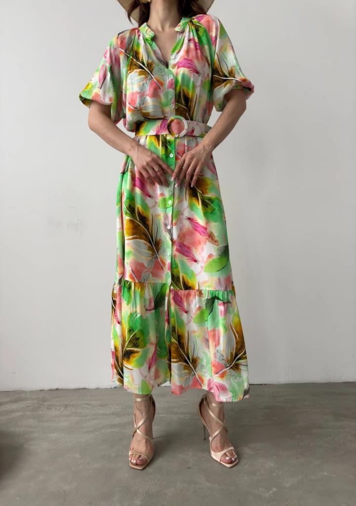 Bellua Fuşya-Yeşil Yaprak Desenli Elbise