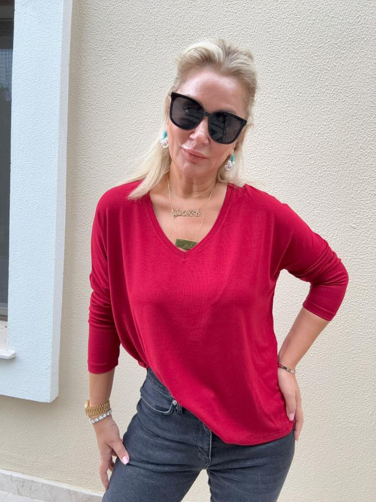 Clista V Yaka İthal Çilek Kumaş Bordo Triko