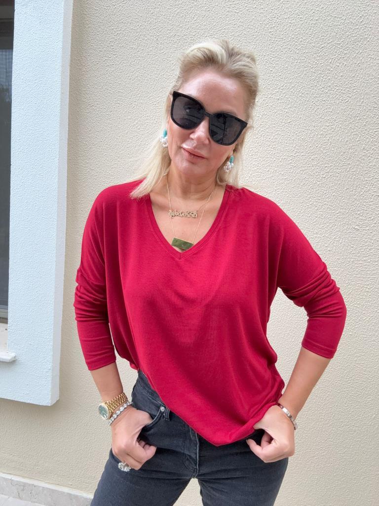 Clista V Yaka İthal Çilek Kumaş Bordo Triko