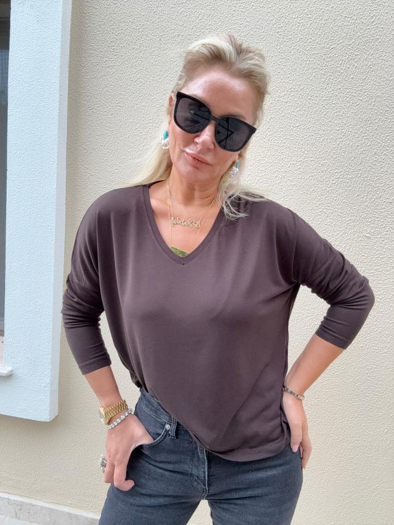 Clista V Yaka İthal Çilek Kumaş Kahverengi Triko