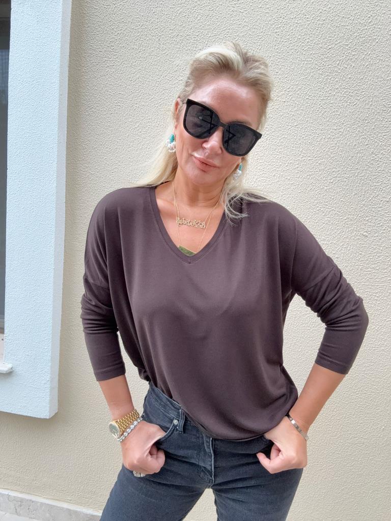 Clista V Yaka İthal Çilek Kumaş Kahverengi Triko