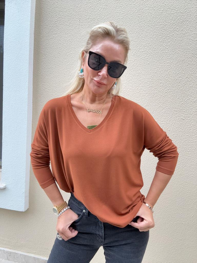 Clista V Yaka İthal Çilek Kumaş Kiremit Triko