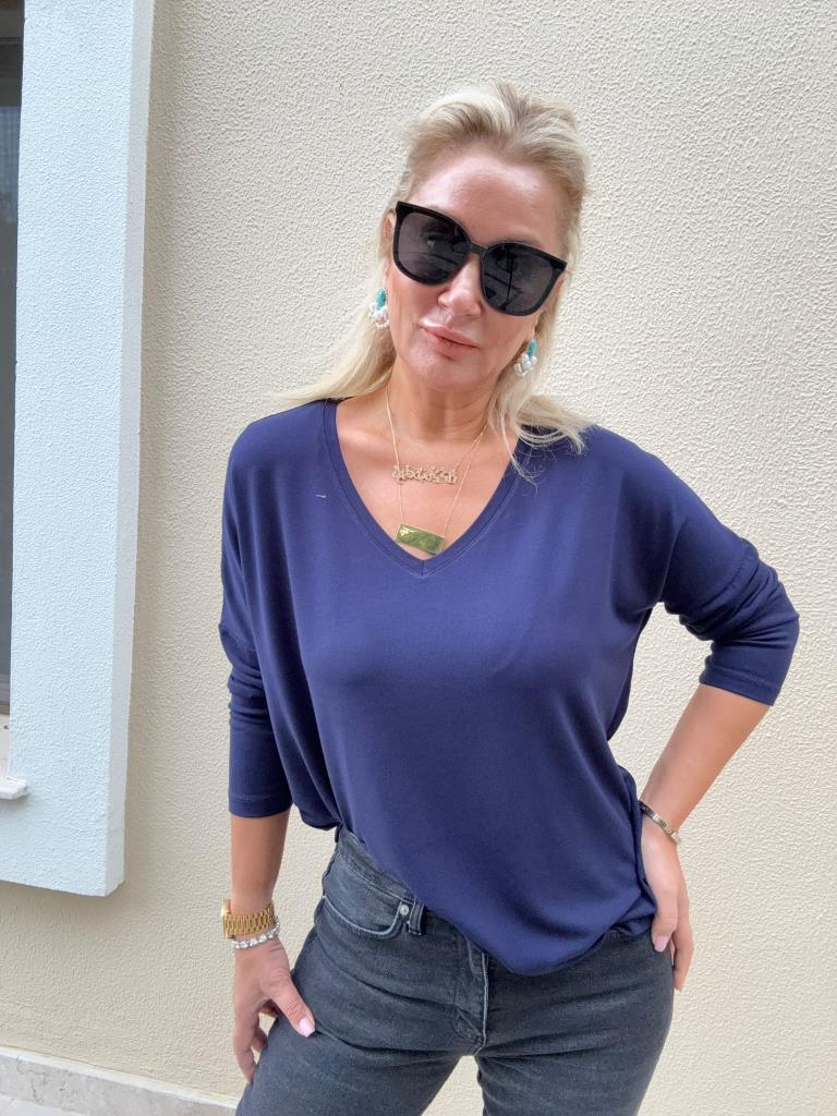 Clista V Yaka İthal Çilek Kumaş Lacivert Triko