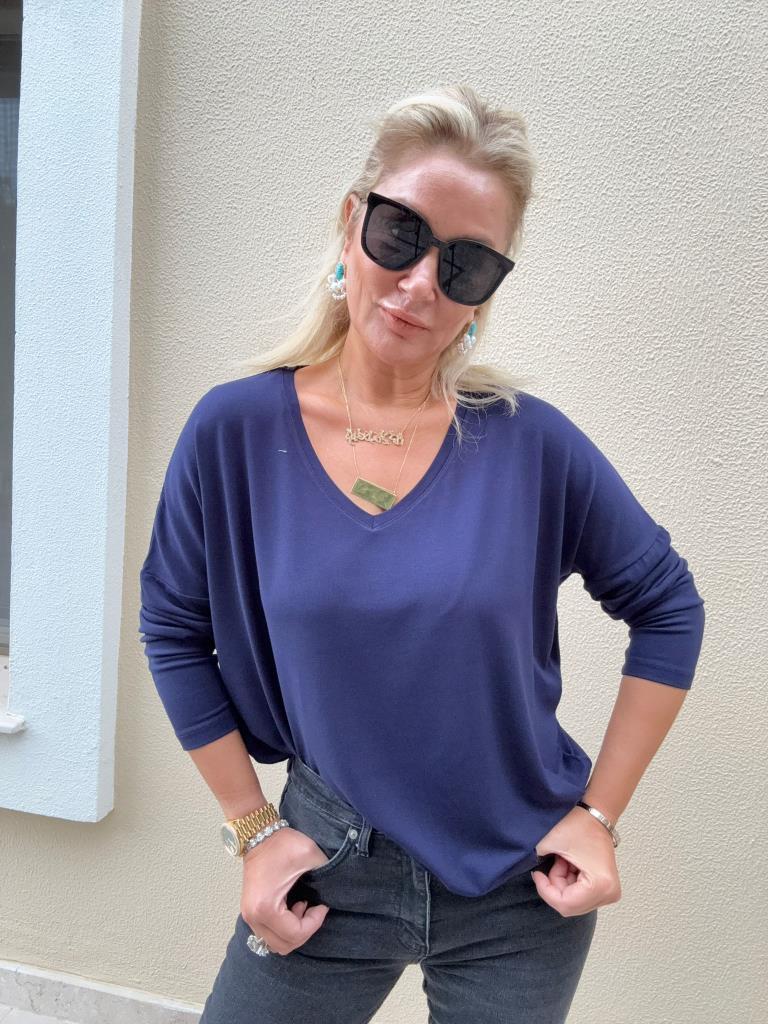 Clista V Yaka İthal Çilek Kumaş Lacivert Triko