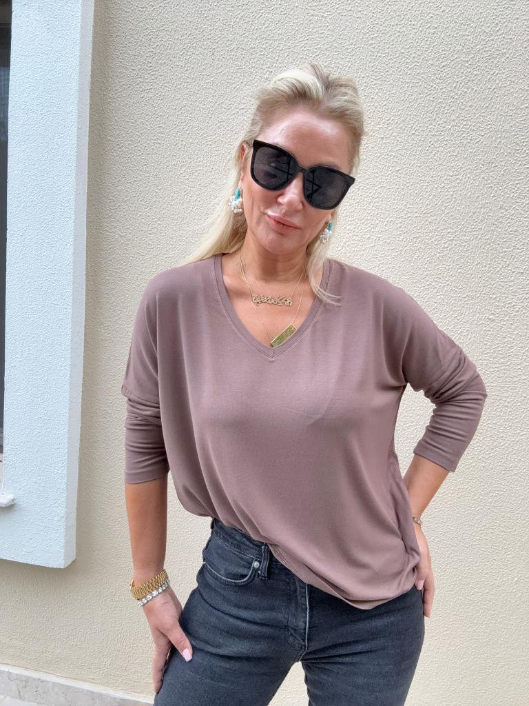 Clista V Yaka İthal Çilek Kumaş Sütlü Kahve Triko