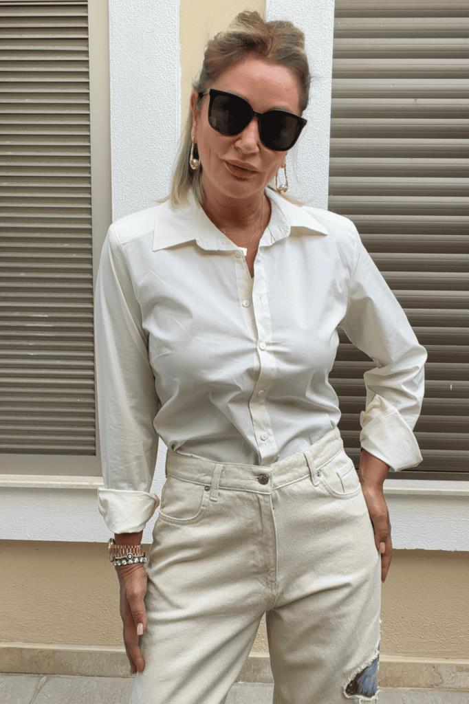 Debra Slim Fit Poplin Kumaş Gömlek Ekru