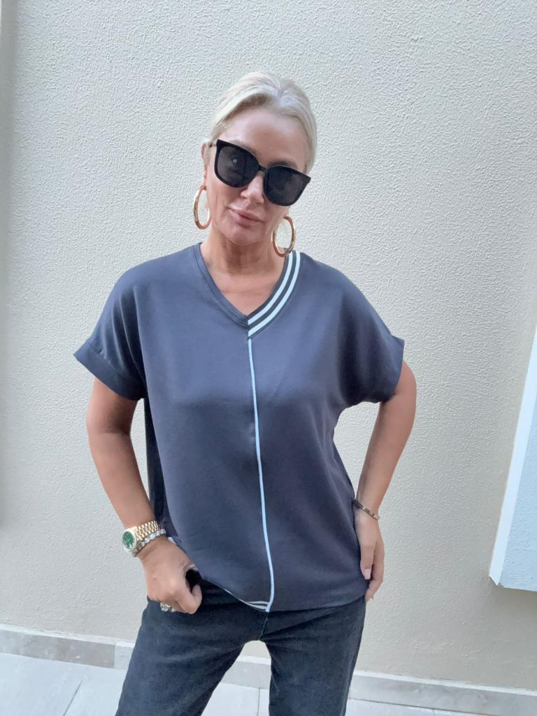 Elina Ribanalı V Yaka Antrasit Bluz