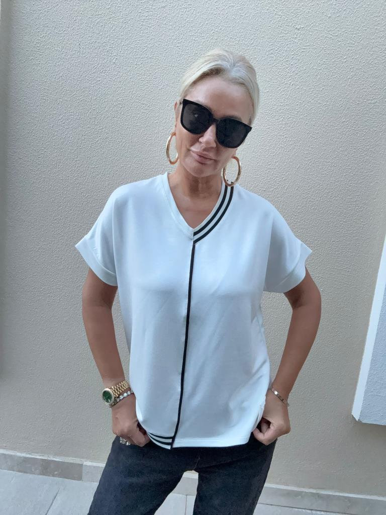 Elina Ribanalı V Yaka Ekru Bluz