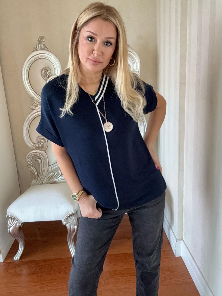 Elina Ribanalı V Yaka Lacivert Bluz