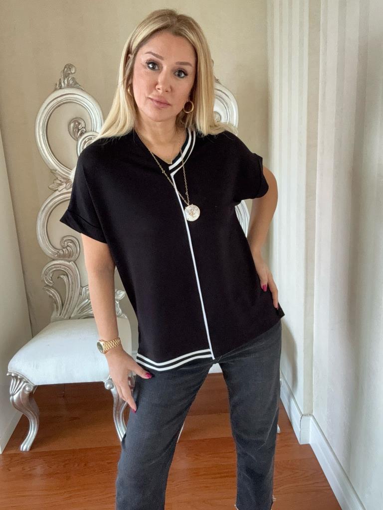 Elina Ribanalı V Yaka Siyah Bluz