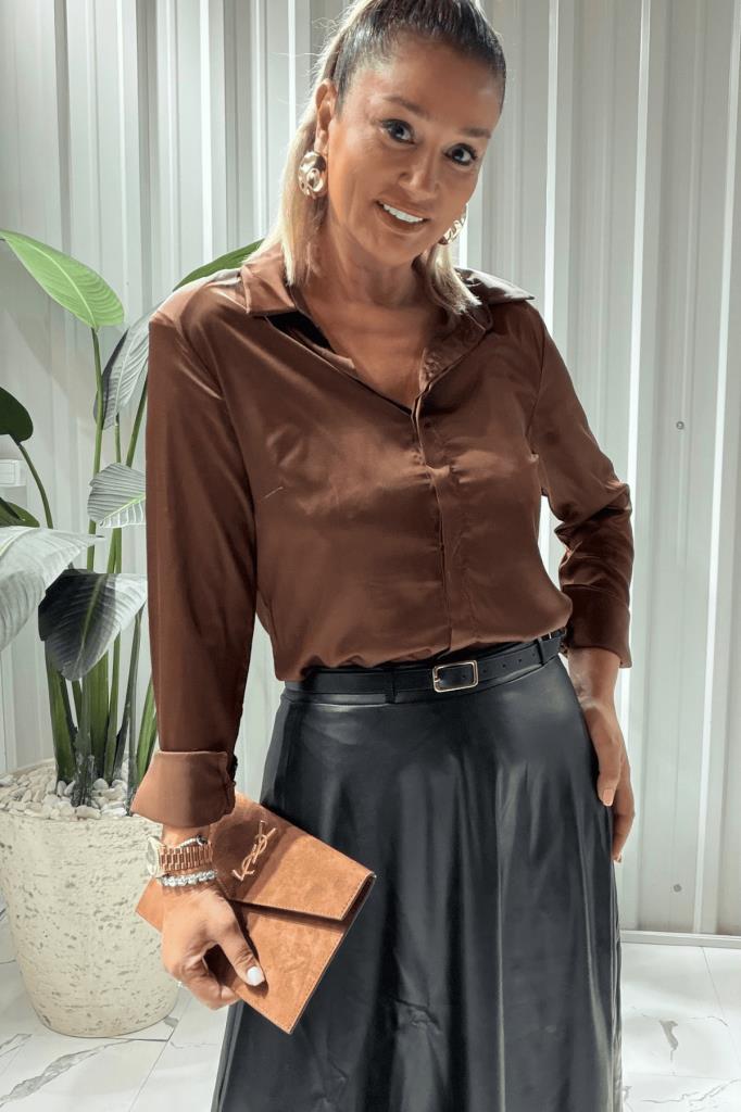 Flagery Omuz Vatkalı Saten Slimfit Gömlek Kahve