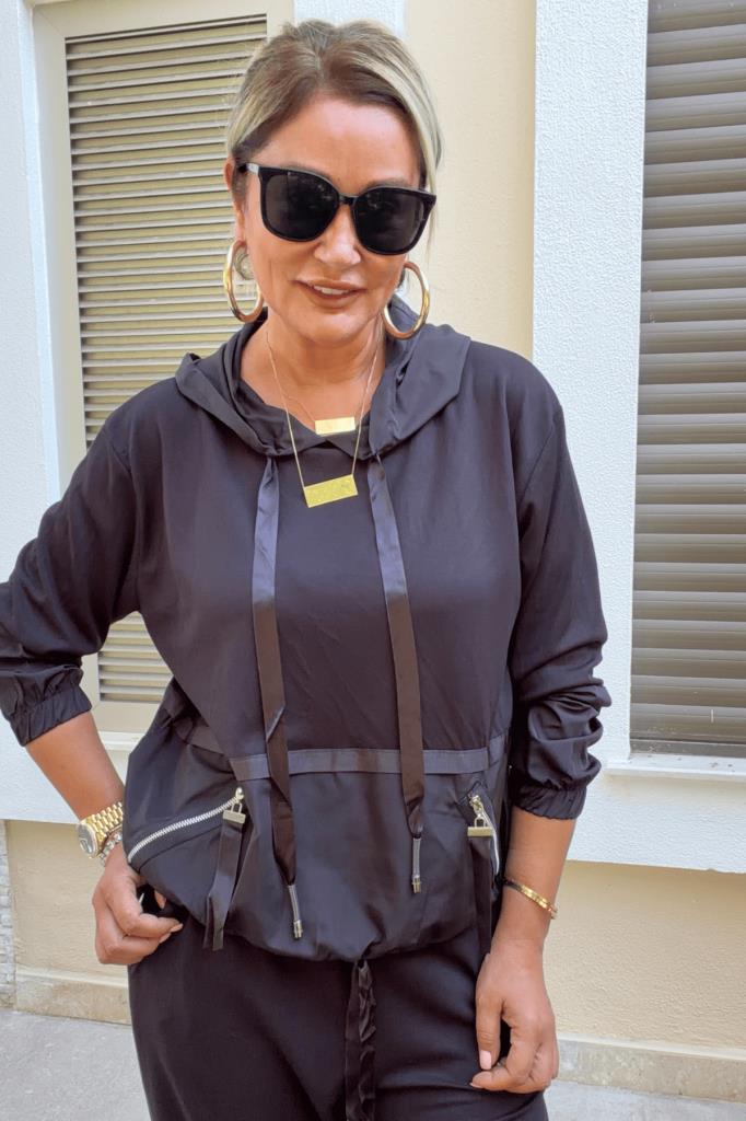 Joyce Paraşüt Kumaş Detaylı Kapüşonlu Modal Takım Siyah