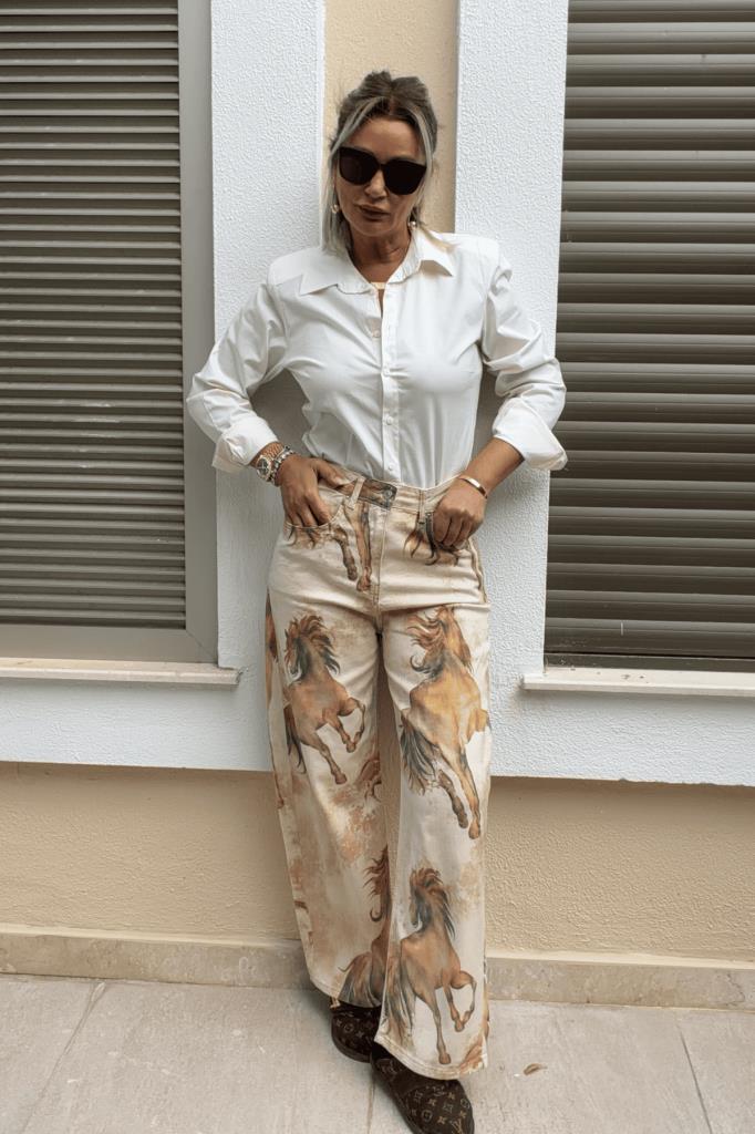 Julie Desenli İthal Tensel Pantolon Bej