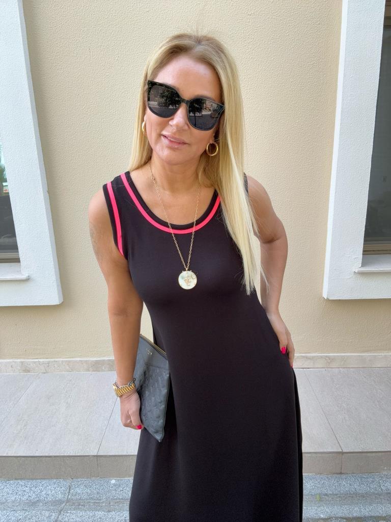 Kline Siyah-Pembe Biyeli Askılı Elbise