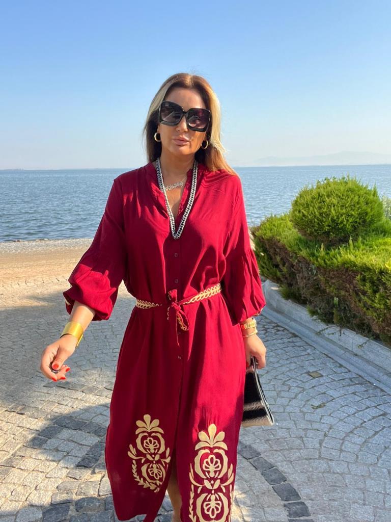 Lalisa Kadın Bordo Otantik Desen Elbise