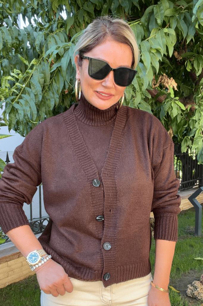 Marcella Triko Hırka & Balıkçı Yaka Atlet Takım Acı Kahve