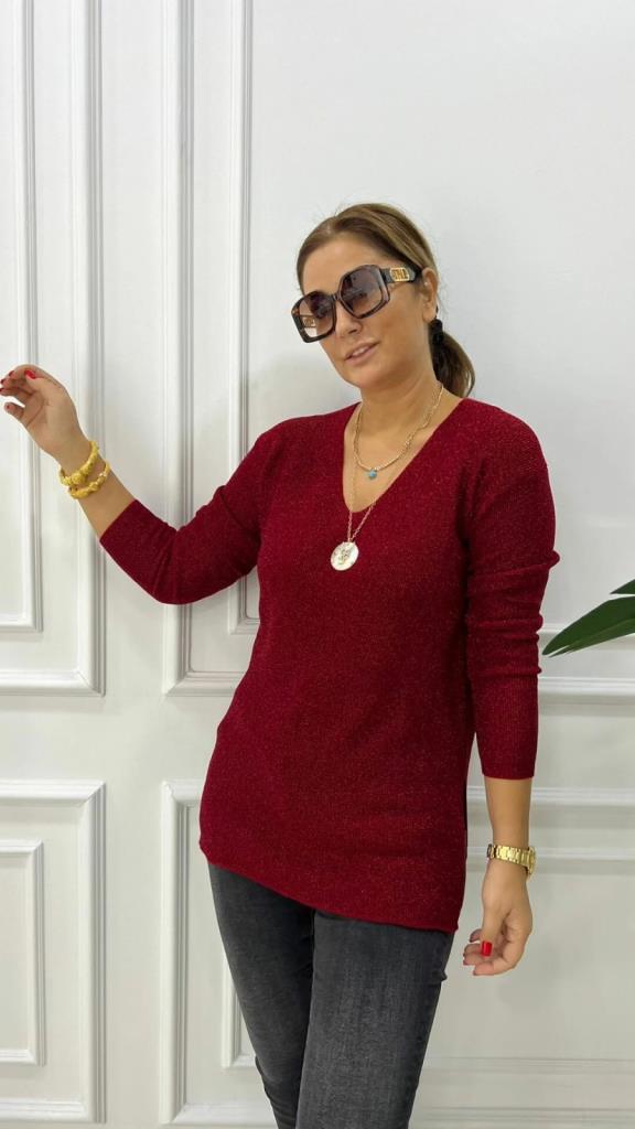 Melna Kadın Bordo Simli Triko