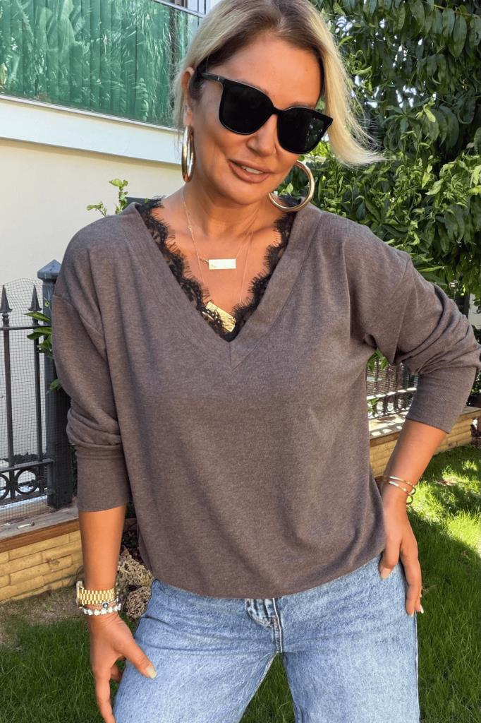 Paris Lace Dantelli Modal Triko Kahve