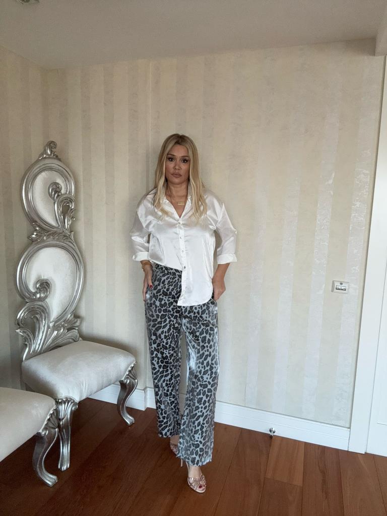 Perra Parlak Saten Gri Leopar Pantolon