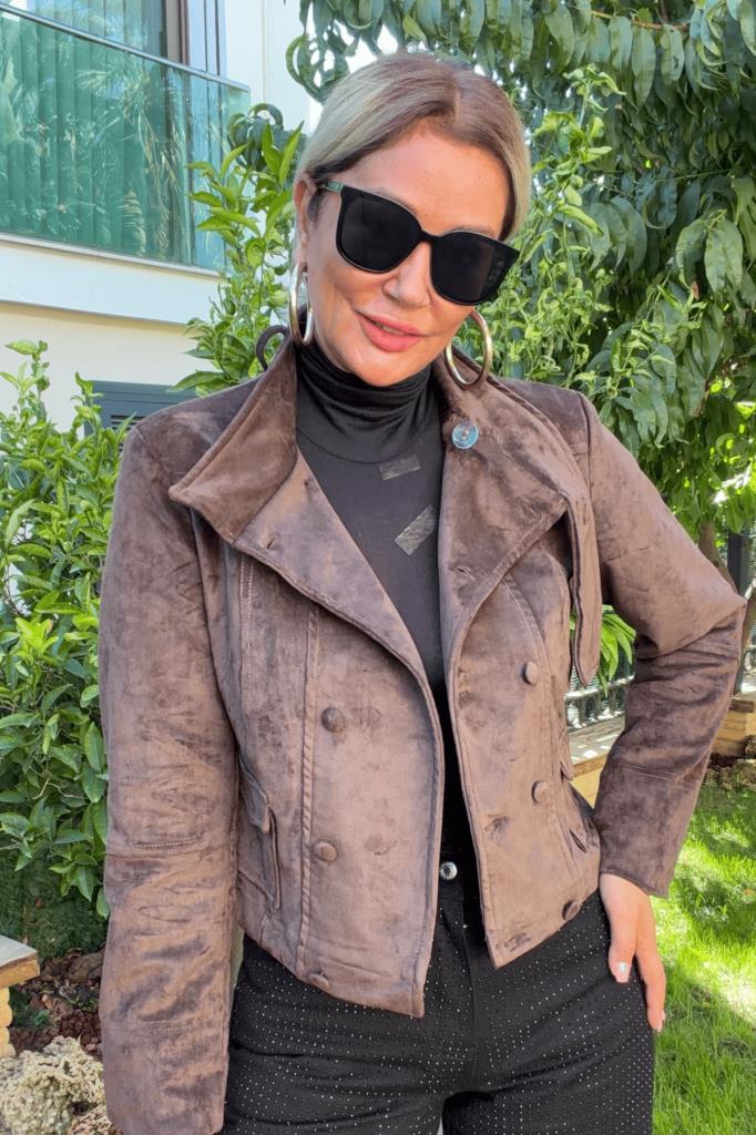 Sylvie Süet Slim Fit Mont Acı Kahve