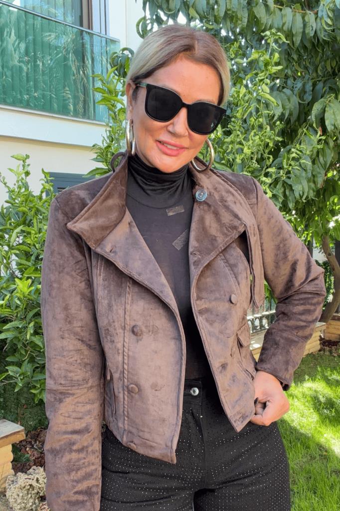 Sylvie Süet Slim Fit Mont Acı Kahve