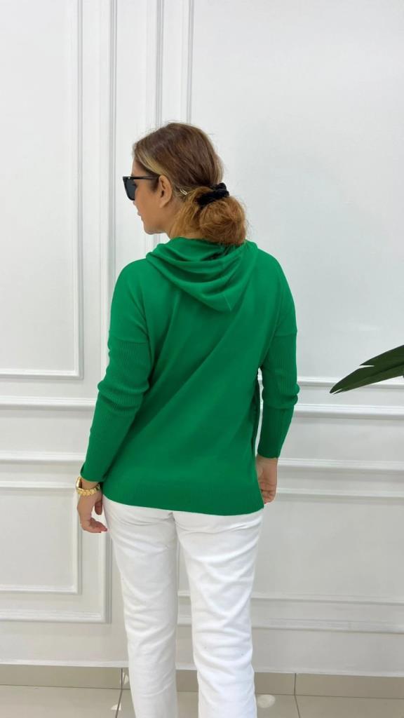 Teal Kadın Yeşil Kapüşonlu Triko