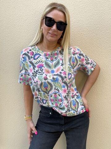 Winda Pembe Çiçekli Basic Triko