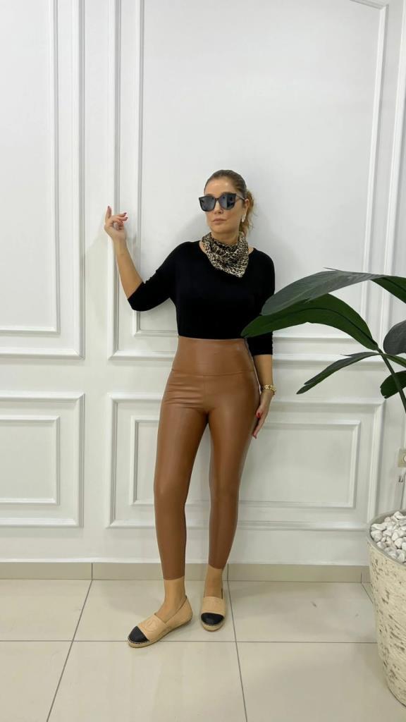 Beli Lastikli Kahverengi Mat Deri Tayt