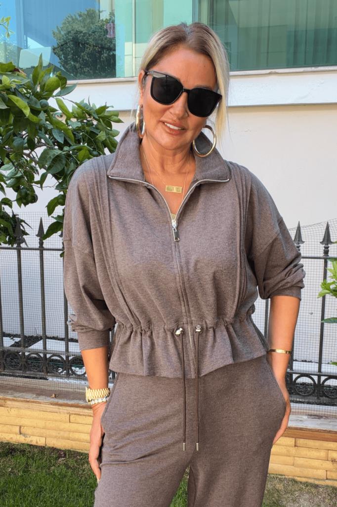 Belleza Fermuarlı Likralı Modal Hırka Kahve
