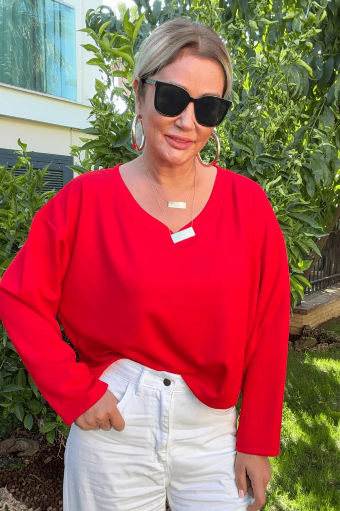 Camille V Yaka Modal Basic Bluz Kırmızı