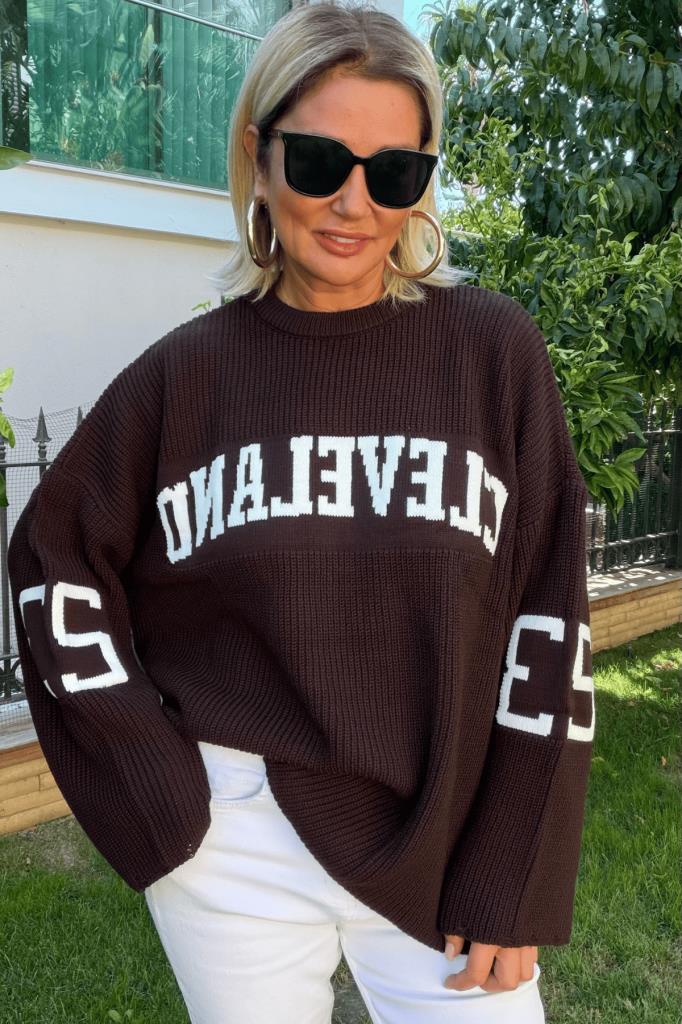 Cleve Örme Oversize Kazak Kahverengi