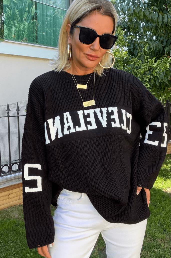 Cleve Örme Oversize Kazak Siyah