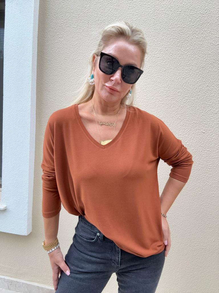 Clista V Yaka İthal Çilek Kumaş Kiremit Triko