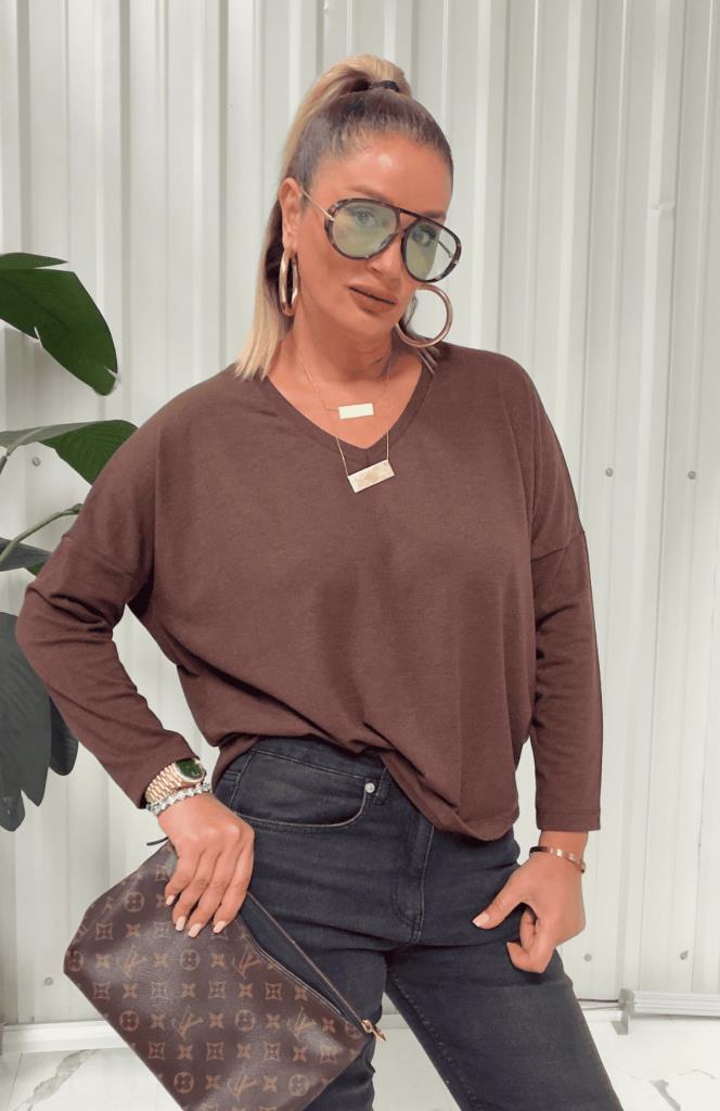 Difla Çelik Kumaş Triko Bluz Kahverengi