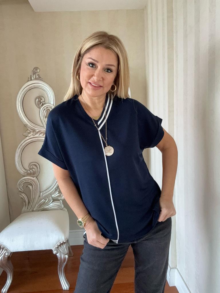 Elina Ribanalı V Yaka Lacivert Bluz