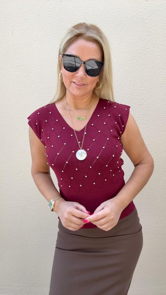 Fonde Bordo Taşlı Triko