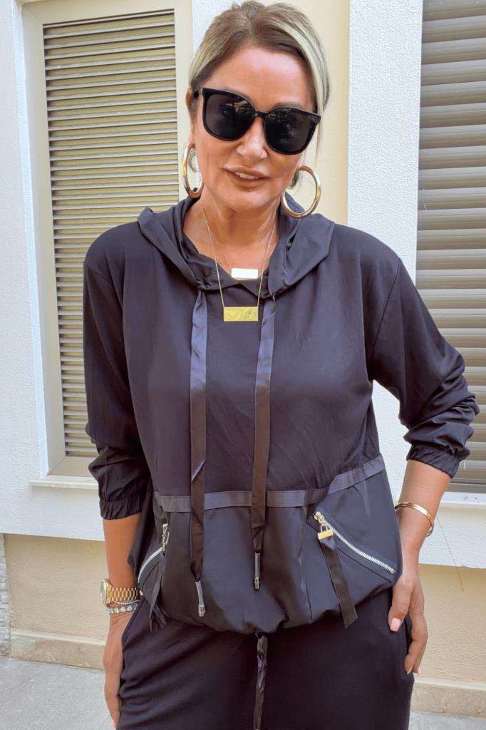 Joyce Paraşüt Kumaş Detaylı Kapüşonlu Modal Takım Siyah