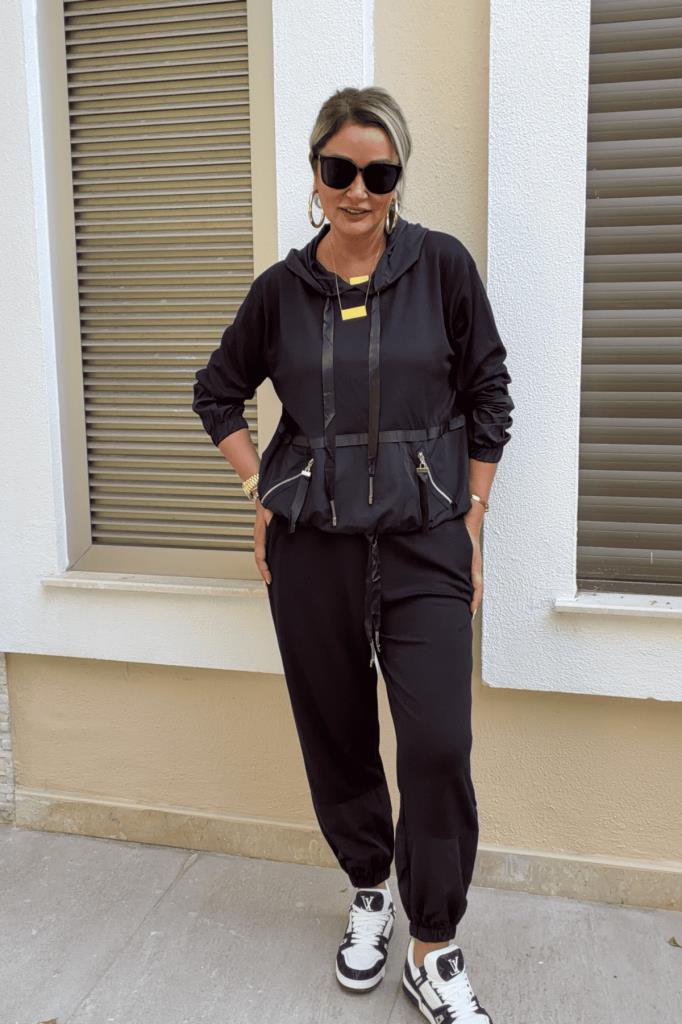 Joyce Paraşüt Kumaş Detaylı Kapüşonlu Modal Takım Siyah