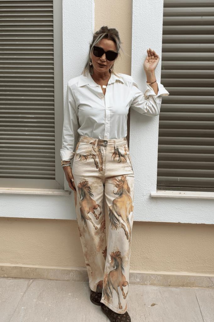 Julie Desenli İthal Tensel Pantolon Bej