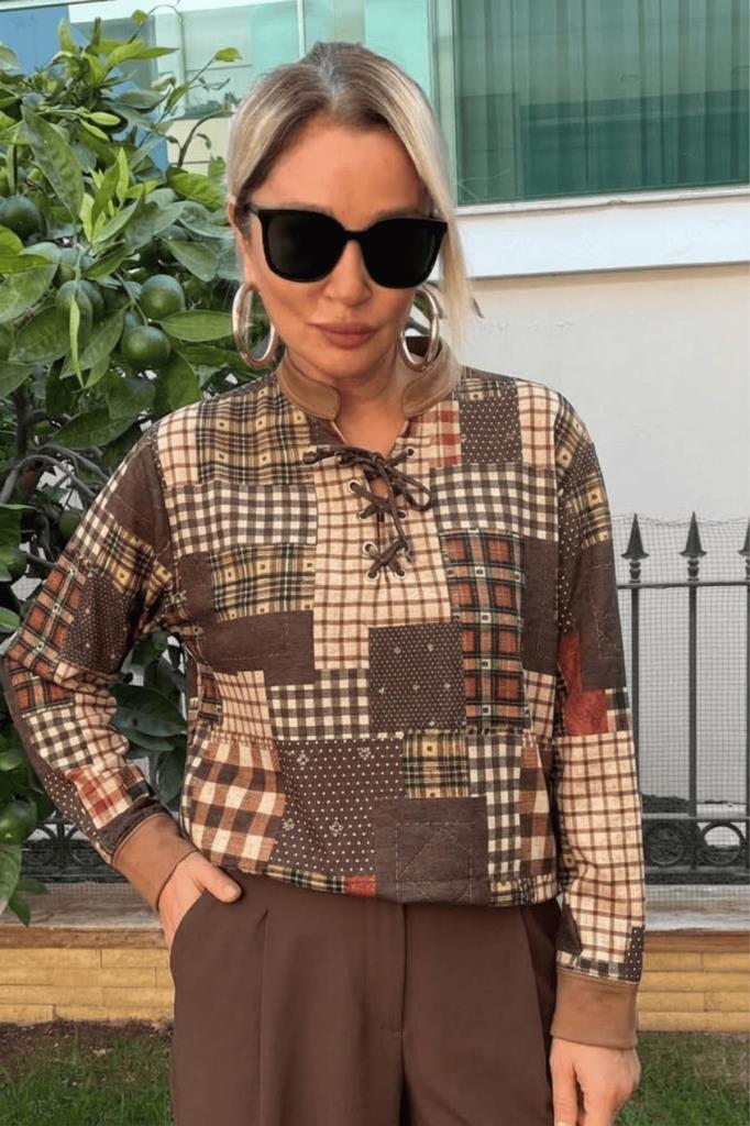 Karliy Deri Detaylı Bluz Kahve Kiremit