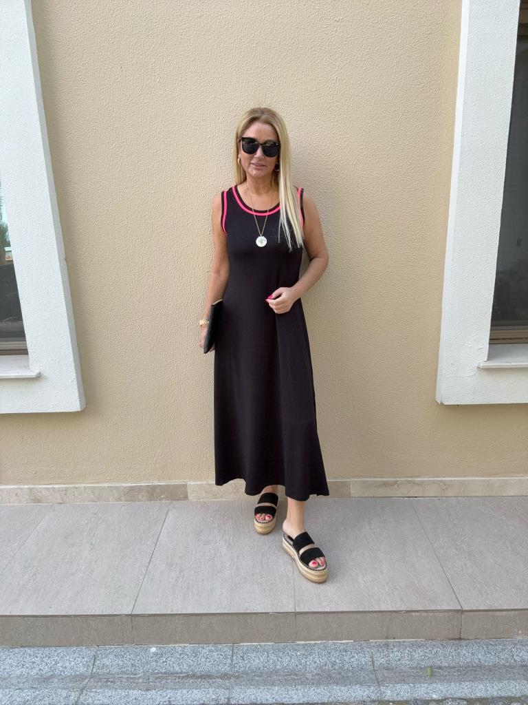 Kline Siyah-Pembe Biyeli Askılı Elbise