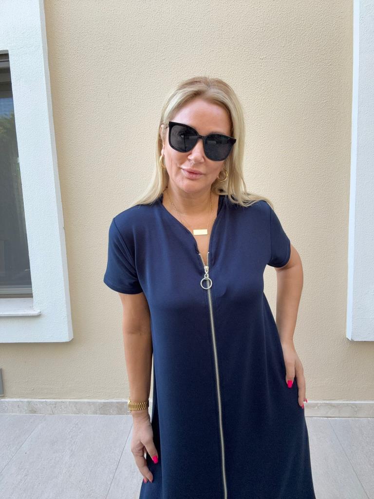 Leoni Lacivert Fermuarlı Elbise