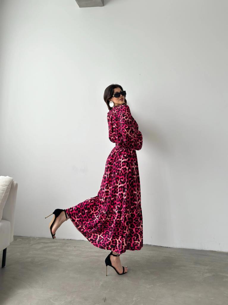 Manes Fuşya Leopar Desen Elbise