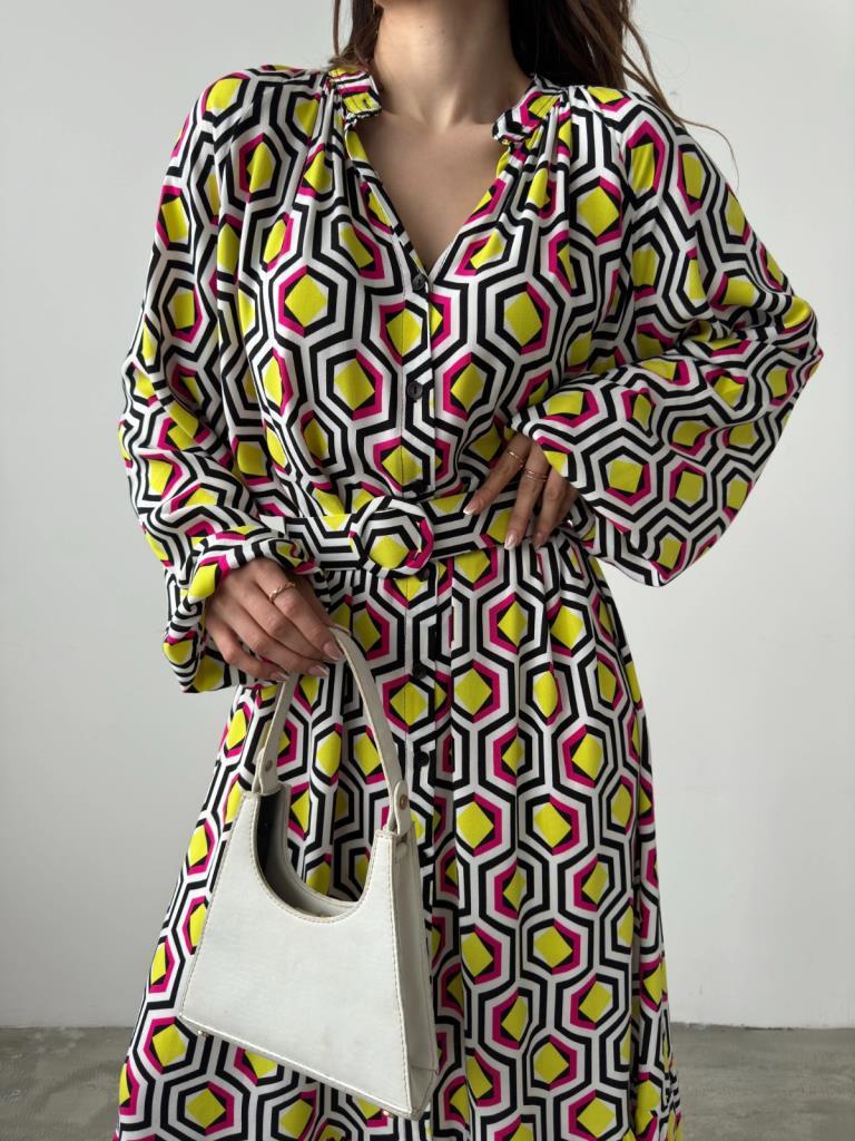 Manes Sarı Küp Desen Elbise