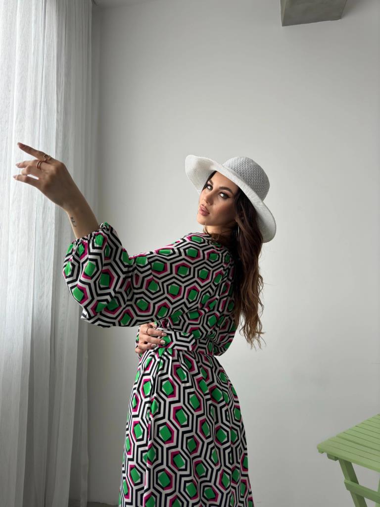 Manes Yeşil Küp Desen Elbise