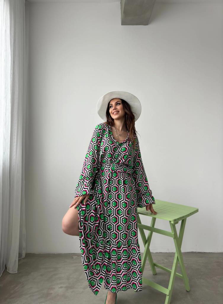 Manes Yeşil Küp Desen Elbise