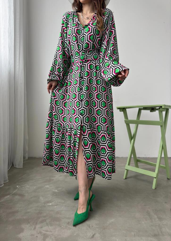 Manes Yeşil Küp Desen Elbise