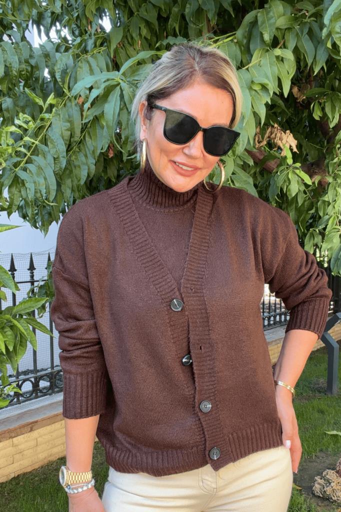 Marcella Triko Hırka & Balıkçı Yaka Atlet Takım Acı Kahve
